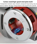 Heavy-Duty Electric Pipe Threader For One Half To 2 Inch Conduit With Integrated Hinge Wrench showing carbon steel teeth for durability.