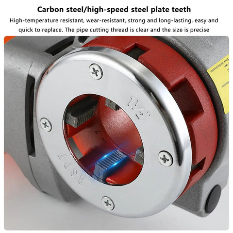 Heavy-Duty Electric Pipe Threader For One Half To 2 Inch Conduit With Integrated Hinge Wrench showing carbon steel teeth for durability.