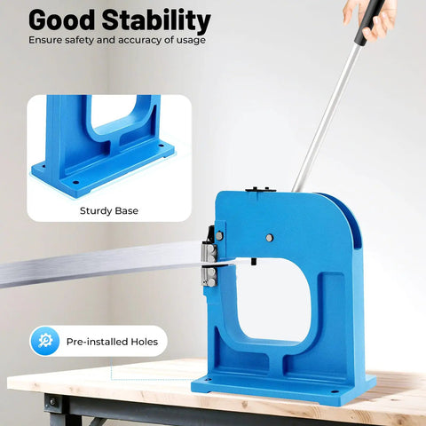 SS-16 Sheet Metal Shrinker Stretcher Manual Tool in blue, cast iron frame with 8 inch throat, sturdy base on workbench