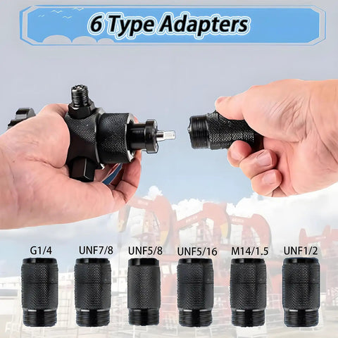 Hands holding 7 In 1 Hydraulic Nitrogen Pressure Test Kit with 6 type adapters shown, includes G1/4 and UNF adapters