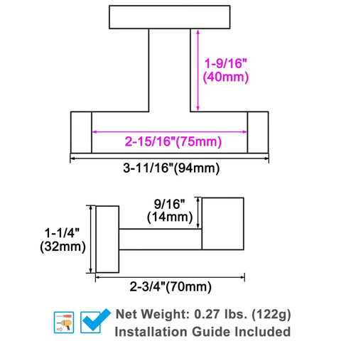 Dimensions of Matte Black Stainless Steel Double Towel Hooks For Wall Mount, size 94mm x 70mm, SUS304 Robe Coat Hangers, 2 Pack