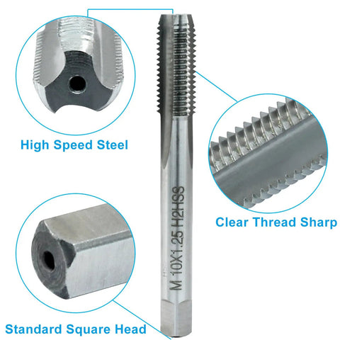 M10 X 1.25 Tap And Die Set For Metalworking, HSS Machine Thread Tap Die Kit, Right Hand Thread, detailed close-up view