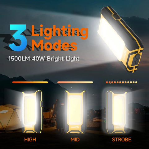 Two Pack Rechargeable LED Work Light With Magnetic COB Portable 40W 1500 Lumens showing 3 lighting modes, camping backdrop