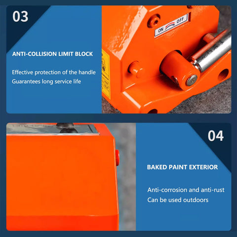 Boss Level Neodymium Magnetic Lifter With Anti Collision Release Lever For Lifting Thick Steel Plates Iron Blocks And Round Bar Badass Heavy Hauler 3300 Pound Lift Capacity with anti-collision limit block and baked paint exterior.