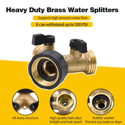 Solid Brass Garden Hose Splitter Tee Adapter Fits 3/4 Inch Fittings Includes Rubber Gasket And Teflon Tape For Smooth Two Way Flow