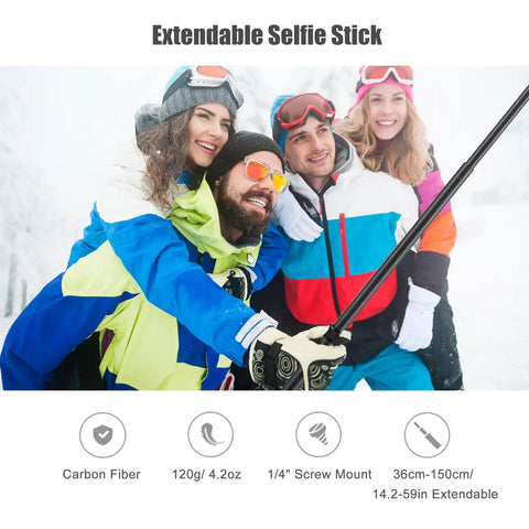 Group of friends using Carbon Fiber Selfie Stick With Telescopic Shaft Reaches Near Fifty Nine Inches for winter selfies.