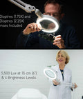 Pro Grade LED Magnifying Lamp With Interchangeable Glass Lenses 3 Diopter And 5 Diopter Adjustable Arm Dimmer Switch in use