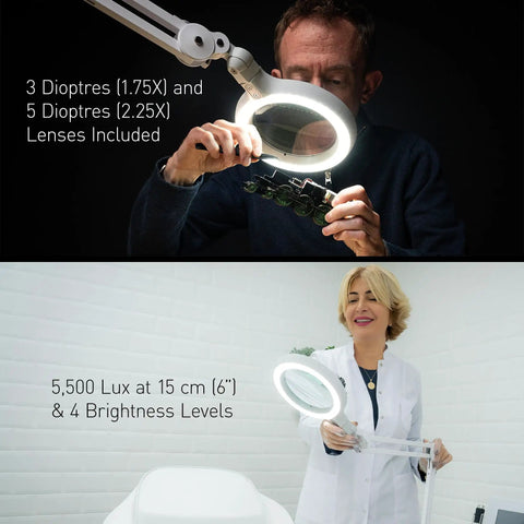 Pro Grade LED Magnifying Lamp With Interchangeable Glass Lenses 3 Diopter And 5 Diopter Adjustable Arm Dimmer Switch in use