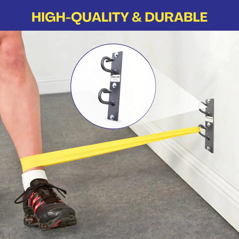Top Tier Dual Hook Resistance Band Wall Anchor For Sick Home Gym Setups With Heavy Duty Wood Screws Included and Versatile Modular Mount in use with yellow resistance band.