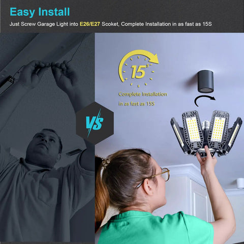 Man and woman installing Ultra Bright 200W LED Garage Light With 20000 Lumens 6500K Daylight 7 In 1 Adjustable Panels.