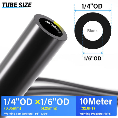 Black One Quarter Inch OD PU Air Tubing Kit With 32.8 Ft Length Ten Meter Includes Fittings Elbows Y Shape Unions And Tees
