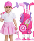 Slick Toddler Golf Club Set For Girls Ages Two To Four With Rad Breathable Outfit And Adjustable Hat Plus Lightweight Portable Cart For Fun Backyard Play.
