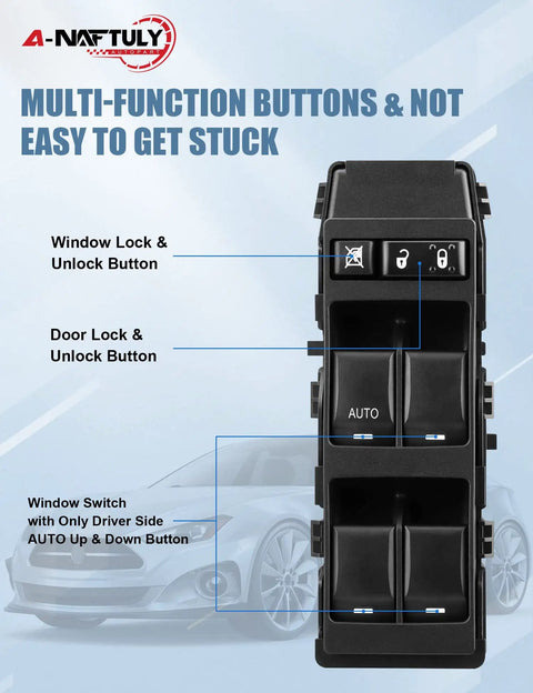 Left Driver Side Go To Master Power Window Switch For Dodge Avenger Charger Caliber Magnum Jeep Patriot Compass Chrysler 200 300 Sebring Raider 2006 2014 Auto Button Replacement, featuring multi-function buttons.