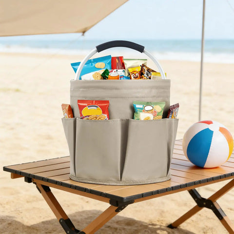 17L Foldable Cleaning Caddy with Handle and Six Pockets on beach table filled with snacks