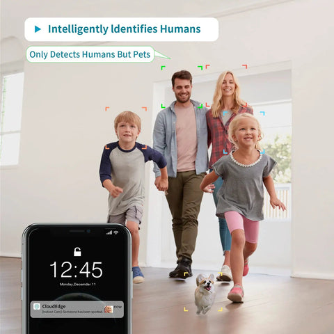 Family and dog in living room under surveillance of Plug In 3MP Indoor Security Camera With 360 Degree View, app notification shown.