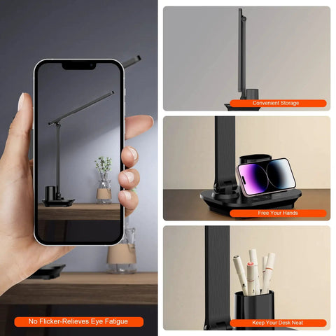 Go To Foldable USB Desk Lamp with dimmable LED, phone and pen holder, shown folded and in use on a desk.
