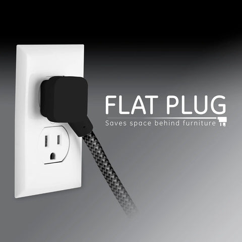 Flat plug of Power Strip With Surge Protection 3 Outlets And 8 Ft Braided Extension Cord, Black Gray Designer Cable against wall outlet