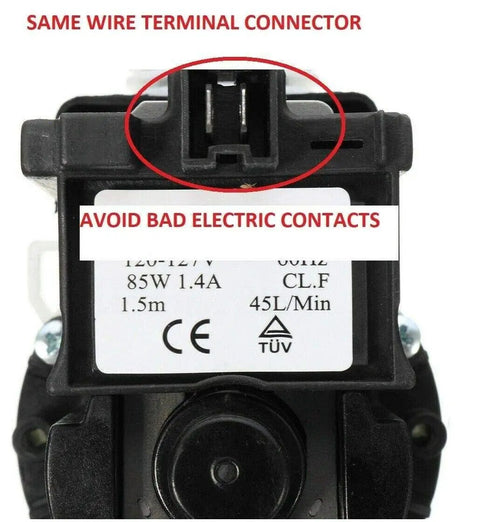Close-up of wire terminal connector on Front Load Washer Water Pump Motor 461970201671 46197020148 Replacement Part.