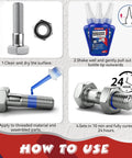 Threadlocker blue and red for nuts and bolts; four-step guide: clean surface, shake bottle, apply to threads, cure 24h.