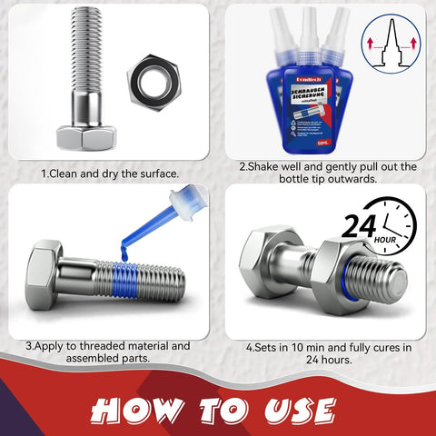 Threadlocker blue and red for nuts and bolts; four-step guide: clean surface, shake bottle, apply to threads, cure 24h.
