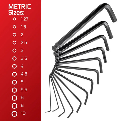 All-In-One 35 Piece Long Arm Ball End Hex Key Wrench Set With SAE Metric And Torx Bits, showing 13 metric sizes.