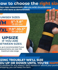 Adjustable Night Wrist Brace For Carpal Tunnel Pain Relief With Double Splint And Therapeutic Cushion size chart and measuring guide.
