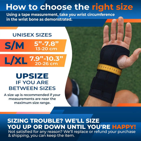 Adjustable Night Wrist Brace For Carpal Tunnel Pain Relief With Double Splint And Therapeutic Cushion size chart and measuring guide.