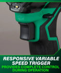 Close-up of variable speed trigger on 36V MultiVolt Cordless Triple Hammer BOLT Impact Driver Kit With Case