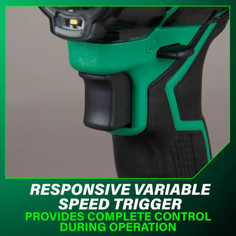 Close-up of variable speed trigger on 36V MultiVolt Cordless Triple Hammer BOLT Impact Driver Kit With Case
