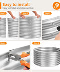 Assembly steps for Huge 48 Inch Fire Pit Ring For Outdoor Wood Burning, showing galvanized steel panels and tool use.