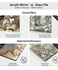 Comparison of Antique Mirror Effect Peel And Stick Wall Panels in acrylic vs glass tile showing visual effect and material performance.