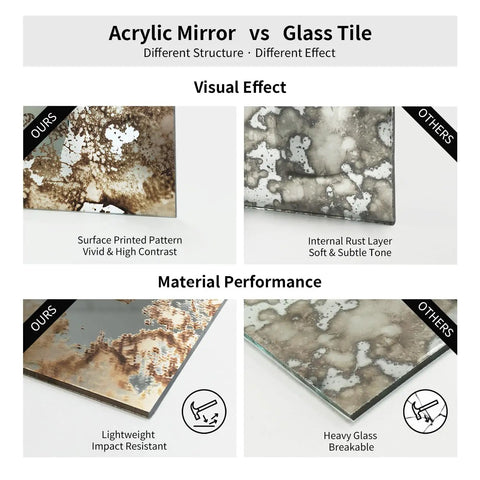 Comparison of Antique Mirror Effect Peel And Stick Wall Panels in acrylic vs glass tile showing visual effect and material performance.