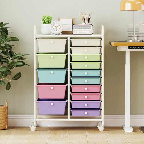 15 Drawer Rolling Storage Cart For Classroom And Office, Mobile Organizer Cart For Tools, Crafts, Small Printer And Paper