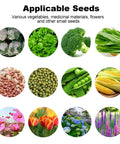 Applicable seeds for Hand Push Garden Seeder For Row Crops, including vegetables, flowers, and herbs in circles.