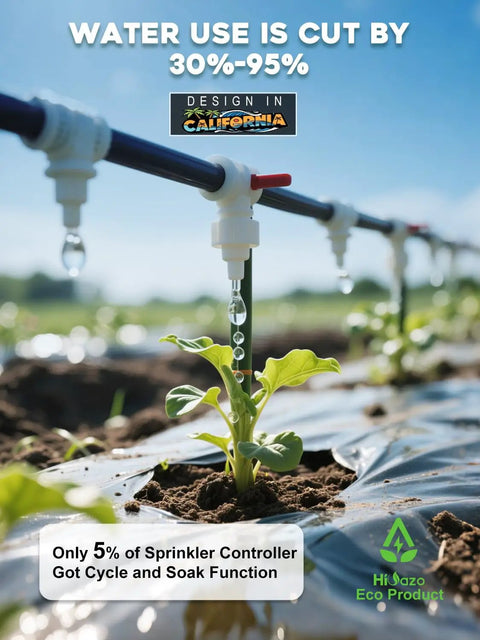Drip irrigation system in garden with 2.4GHz WiFi Sprinkler Controller, conserving water by 30%-95% for eco-friendly gardening.