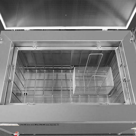 Industrial Ultrasonic Parts Washer UC81B Heavy Duty Workhorse Built For 81 Gallon Tank With 28KHz Power, 40 Transducers, SS304 Build, 10kW Heater, 208 240V Three Phase For Deep Cleaning Metal And Precision Parts, open SS304 tank with wire basket