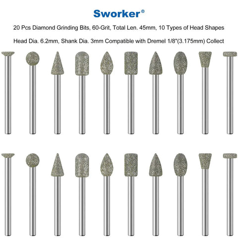 20 Pieces 60 Grit Diamond Grinder Bits Set With 10 Head Shapes For Dremel Rotary Tool One Eighth Inch Shank visible
