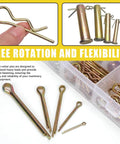208Pcs Cotter Pin And Hairpin R Pin Assortment Kit With Zinc Plated Steel Fasteners In 11 Sizes, close-up view of pins