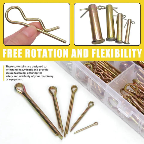 208Pcs Cotter Pin And Hairpin R Pin Assortment Kit With Zinc Plated Steel Fasteners In 11 Sizes, close-up view of pins