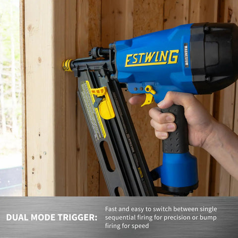 Hand holding Lightweight 21 Degree Framing Nailer With Depth Adjustment Magnesium Body Pneumatic Nail Gun for framing