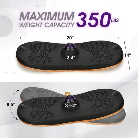 Wobble Board With Massage Ball For Standing Desk Anti Fatigue Foam Pad shown in black with dimensions and 350 lbs capacity.