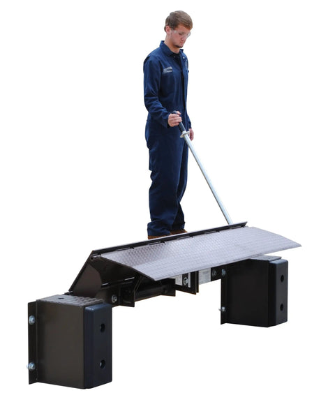 Heavy Duty Steel Mechanical Dock Leveler equipped with a beefy 66 inch ramp width, shown in use with grippy tread plate.