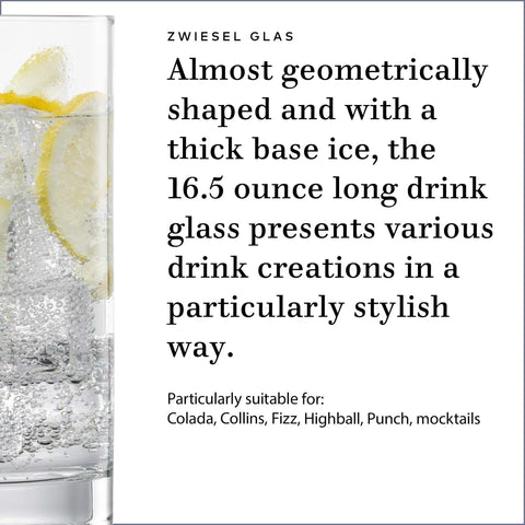 Close-up of Paris Iceberg Long Drink Glasses Set Of 6, 16.5 Ounce Tritan Crystal with thick base and stylish lemon slice in glass