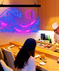 The Great Wave Off Kanagawa LED Neon Sign With Blue And Pink Glow, Ukiyoe Wall Art Neon Light in a restaurant setting
