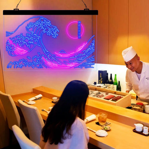Great Wave Off Kanagawa LED Neon Sign Blue Pink Wall Art Dope Ukiyoe Inspired Neon Light For Living Room Bedroom 12x16 Inches Modern Room Decor Vibe Now displayed in a restaurant setting.