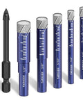 Front view of a 6-piece Amazon diamond drill bit set for porcelain, tile, ceramic and stone; blue tubes with silver grit tips.