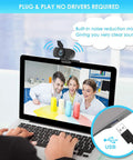Slick 1080p Webcam With Noise Canceling Mic And Auto Light Correction Plug And Play For PC Laptop Video Calls Work From Home Streaming, mounted on laptop.