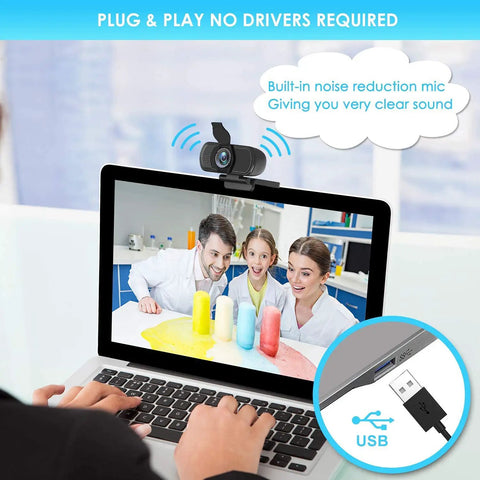 Slick 1080p Webcam With Noise Canceling Mic And Auto Light Correction Plug And Play For PC Laptop Video Calls Work From Home Streaming, mounted on laptop.