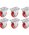 Six Pack Of Two Inch Rigid Rubber Casters With Steel Mounting Plate Heavy Duty Silent Rolling Wheels For Furniture Cart Workbench Smooth No Sweat Installation Process in red and silver.