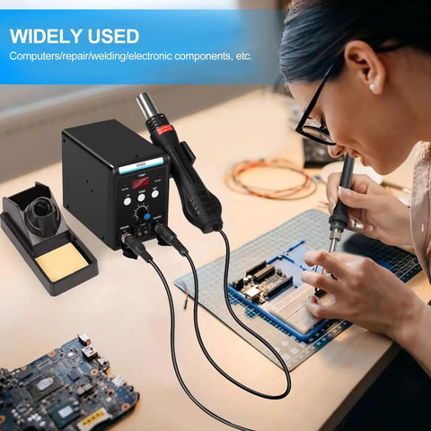 User repairing electronics with 2 In 1 Soldering Station With Hot Air Rework And Soldering Iron Kit Pro Grade Digital Display SMD Repair Tool